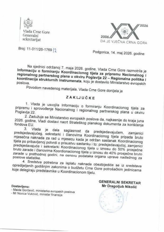 Informacija o formiranju Koordinacionog tijela za pripremu Nacionalnog i regionalnog partnerskog plana u okviru Poglavlja 22 – Regionalna politika i koordinacija strukturnih instrumenata - Zaključci