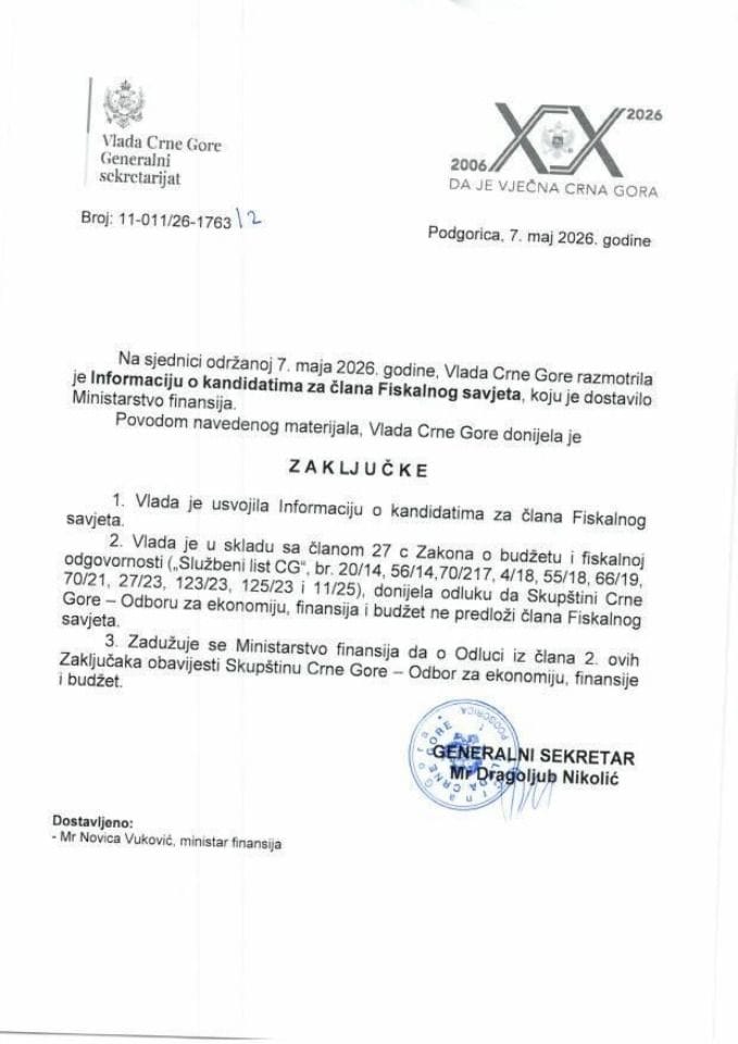 Informacija o kandidatima za člana Fiskalnog savjeta - Zaključci