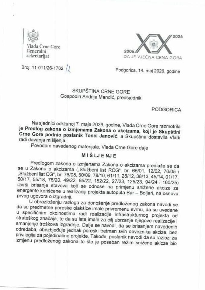 Predlog mišljenja na Predlog zakona o izmjenama Zakona o akcizama (predlagač poslanik Tonći Janović) -Zaključci