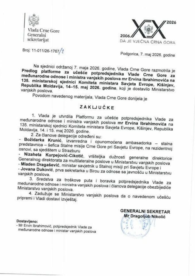 Predlog platforme za učešće potpredsjednika Vlade Crne Gore za međunarodne odnose i ministra vanjskih poslova mr Ervina Ibrahimovića na 135. ministarskoj sjednici Komiteta ministara Savjeta Evrope, Kišinjev - Zaključci