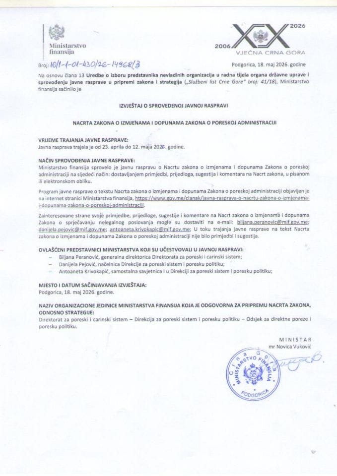 Izvještaj o sprovedenoj javnoj raspravi za Nacrt Zakona o izmjenama i dopunama Zakona o poreskoj administraciji