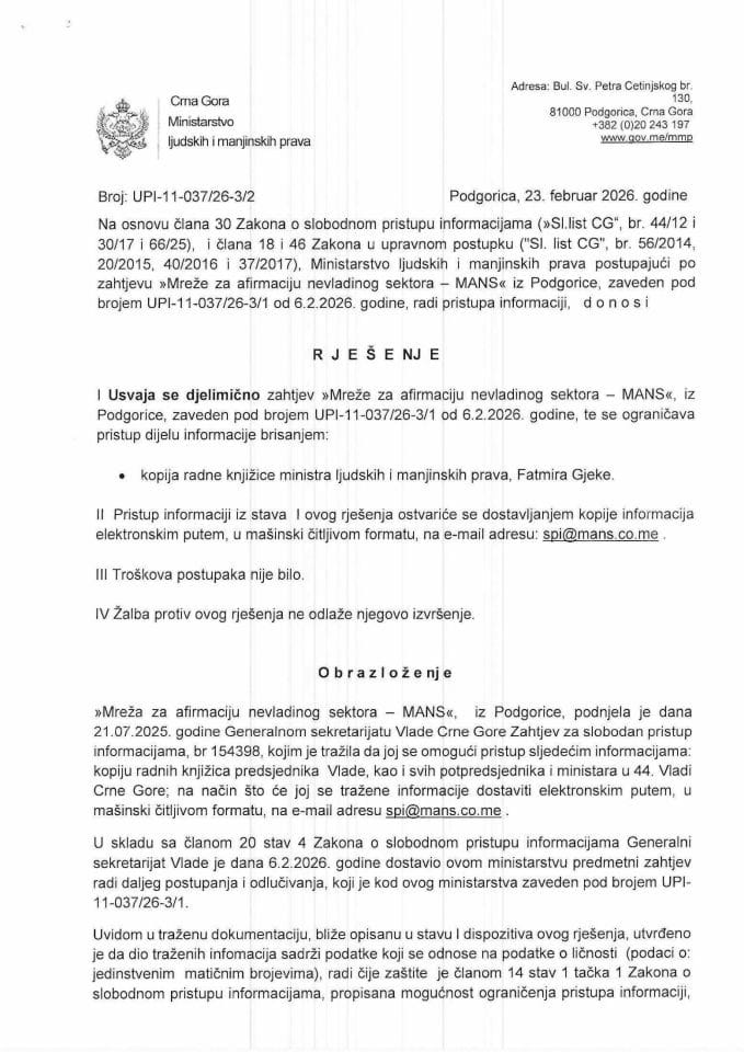 Zahtjev za SPI NVO MANS - UPI 011-037/26-3/1, Rješenje UPI 01-037/26-3/2, Odgovor UPI 01-037/26-3/3