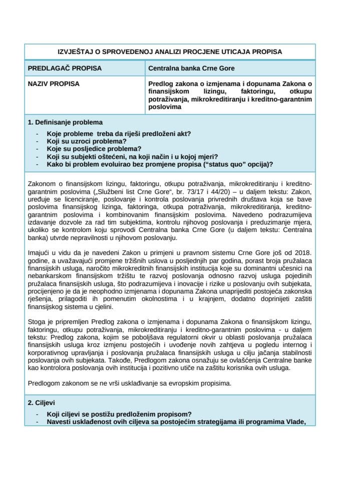 Izvještaj o sprovedenoj analizi procjene uticaja propisa