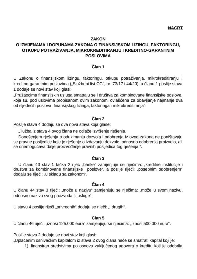 Nacrt zakona o izmjenama i dopunama Zakona  o finansijskom lizingu, faktoringu, otkupu potraživanja, mikrokreditiranju i kreditno-garantnim poslovima