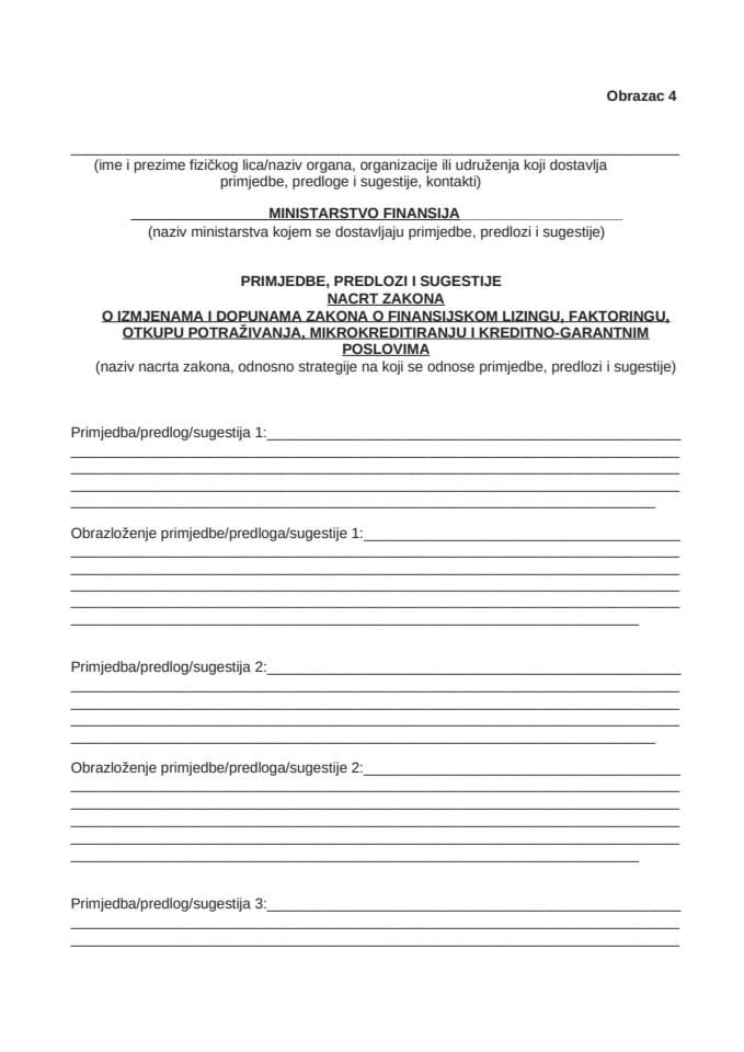Obrazac za dostavljanje prijedloga, sugestija i komentara na Nacrt zakona