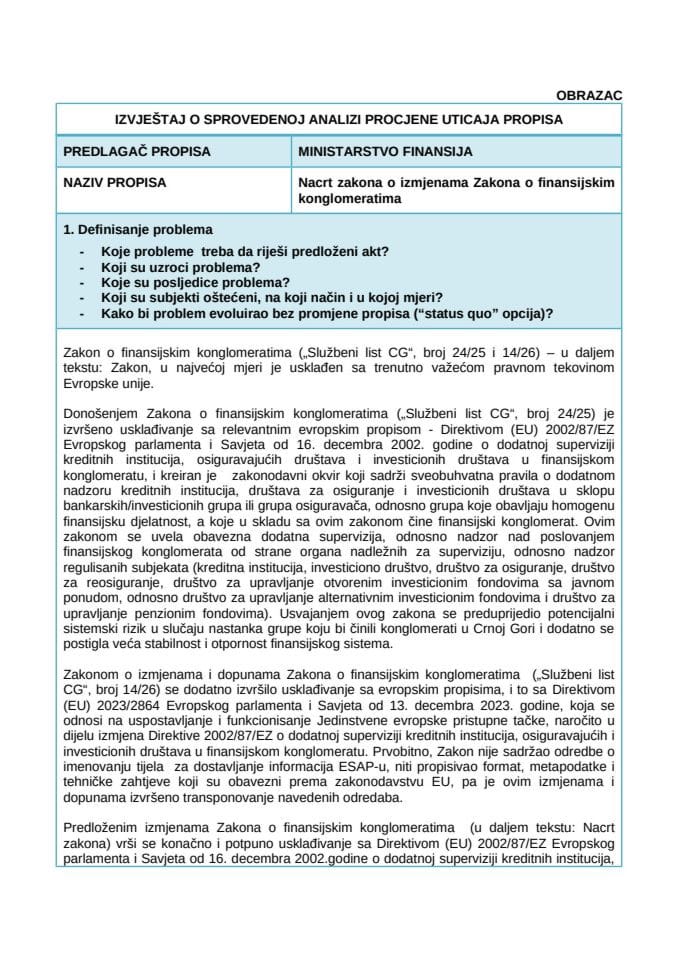 Izvještaj o sprovedenoj analizi procjene uticaja propisa