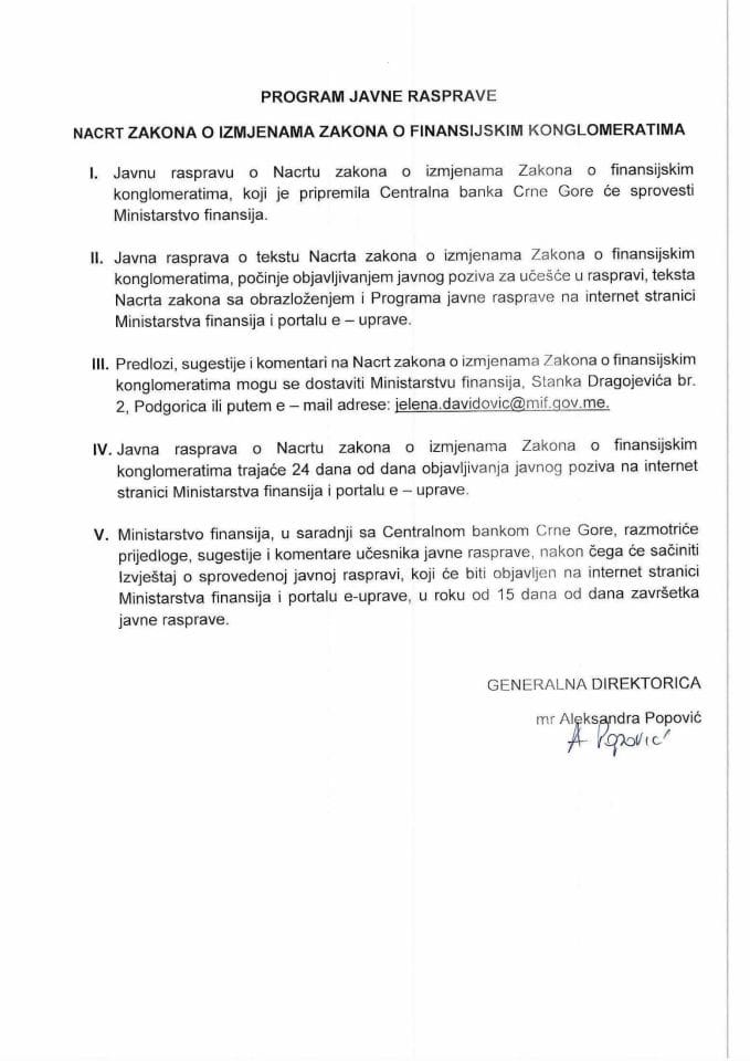 Program javne rasprave za Nacrt zakona o izmjenama Zakona o finansijskim konglomeratima