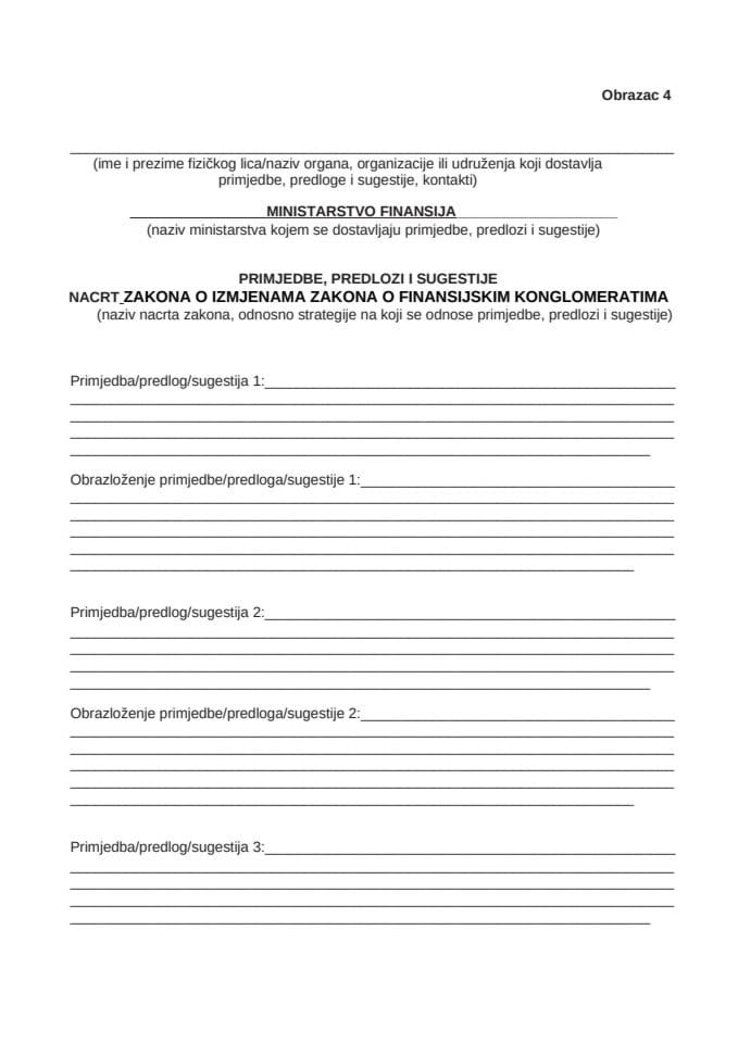 Obrazac za dostavljanje prijedloga, sugestija i komentara na Nacrt zakona