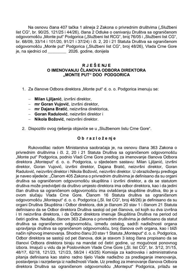 Предлог за именовање чланова Одбора директора „Монте пут“ д. о. о. Подгорица