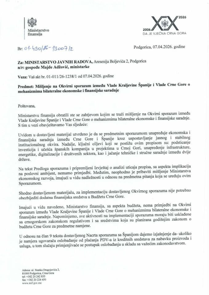 Mišljenje na Predlog okvirnog sporazuma između Vlade Kraljevine Španije i Vlade Crne Gore o mehanizmima bilatralne ekonomske i finansijske saradnje