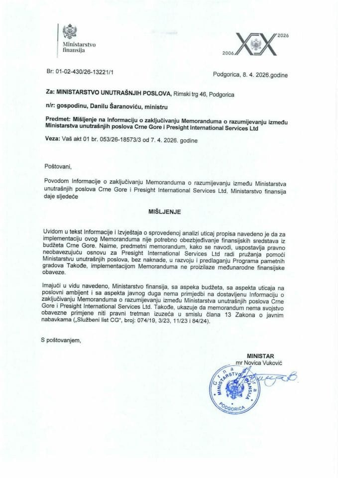 Mišljenje na Informaciju o zaključivanju Memorandima o razumijevanju između Ministarstva unutrašnjih poslova Crne Gore i Presight International Services Ltd