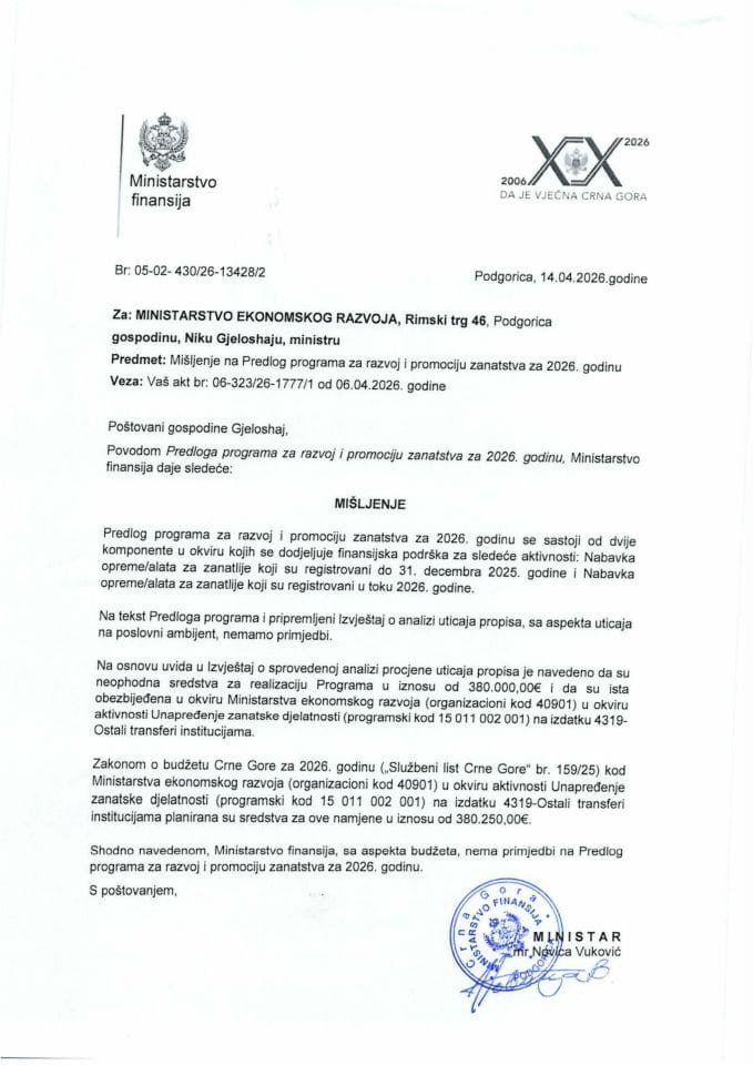 Mišljenje na Predlog programa za razvoj i promociju zanatstva za 2026. godinu