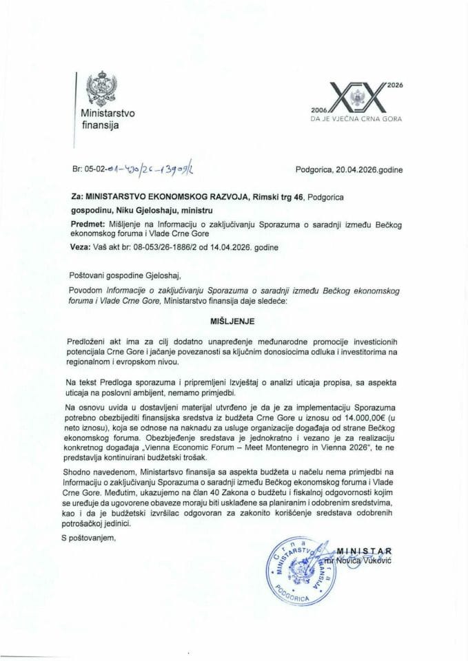 Mišljenje na Informaciju o zaključivanju Spprazuma o sardnji između Bečkog foruma i Vlade Crne Gore