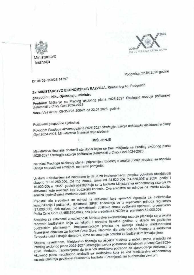 Mišljenje na Predlog akcionog plana za sprovođenje Startegije poštanske djelatnosti u Crnoj Gori 2024-2028