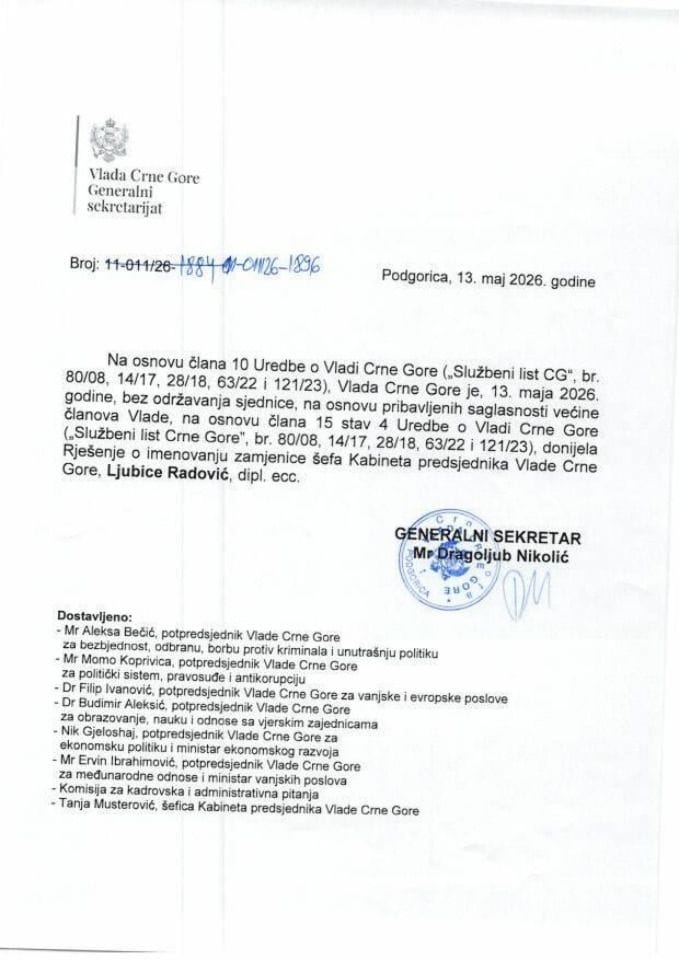 Kadrovska pitanja sa telefonske sjednice od 13.05.2026. godine - zaključci