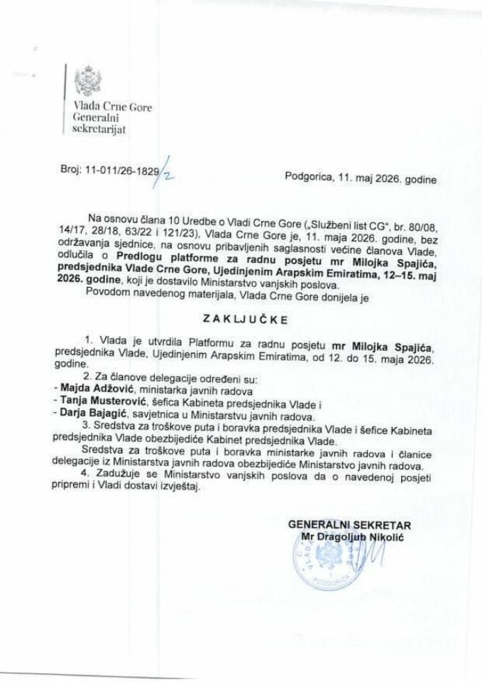Predlog platforme za radnu posjetu mr Milojka Spajića, predsjednika Vlade Crne Gore, Ujedinjenim Arapskim Emiratima, 12-15. maj 2026. godine - zaključci