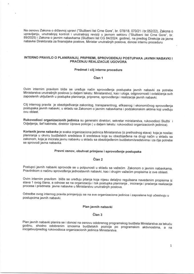 Interno pravilo o planiranju pripremi sprovođenju postupaka javnih nabavki i praćenju realizacije ugovora
