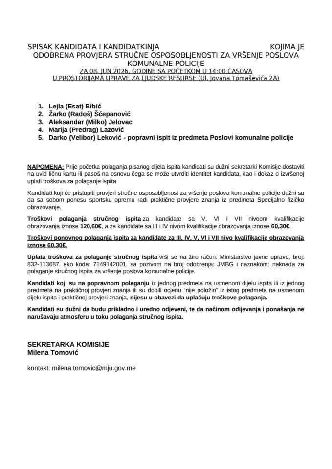 Spisak kandidata komunalna policija - 08. JUN 2026.