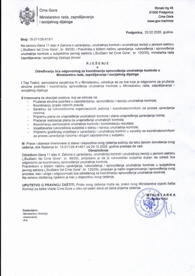 Rješenje lica odgovornog za koordinaciju sprovođenja unutrašnje kontrole za 2026. godinu