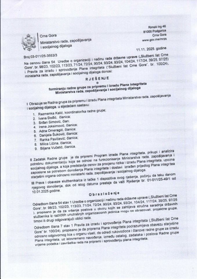 Rješenje o formiranju radne grupe za pripremu i izradu Plana integriteta