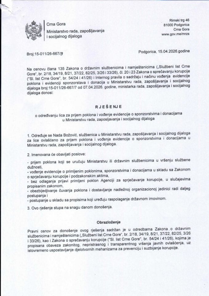 Rješenje o određivanju lica za prijem poklona i vođenje evidencije o sponzorstvima i donacijama