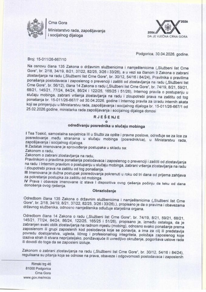 Rješenje o određivanju posrednika u slučaju mobinga 2026