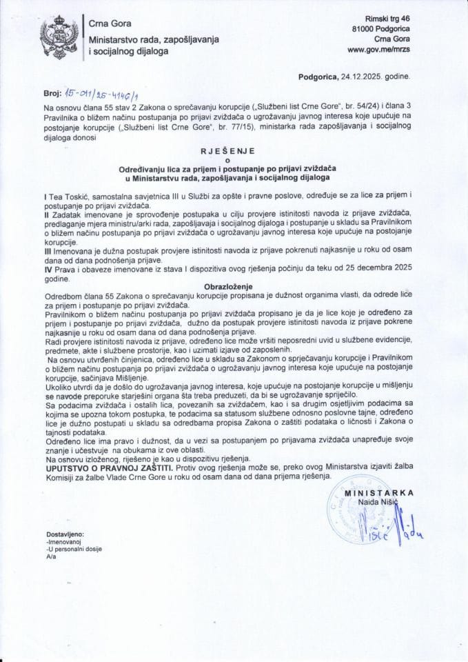 Rješenje o određivanju za prijem po prijavi zviždača