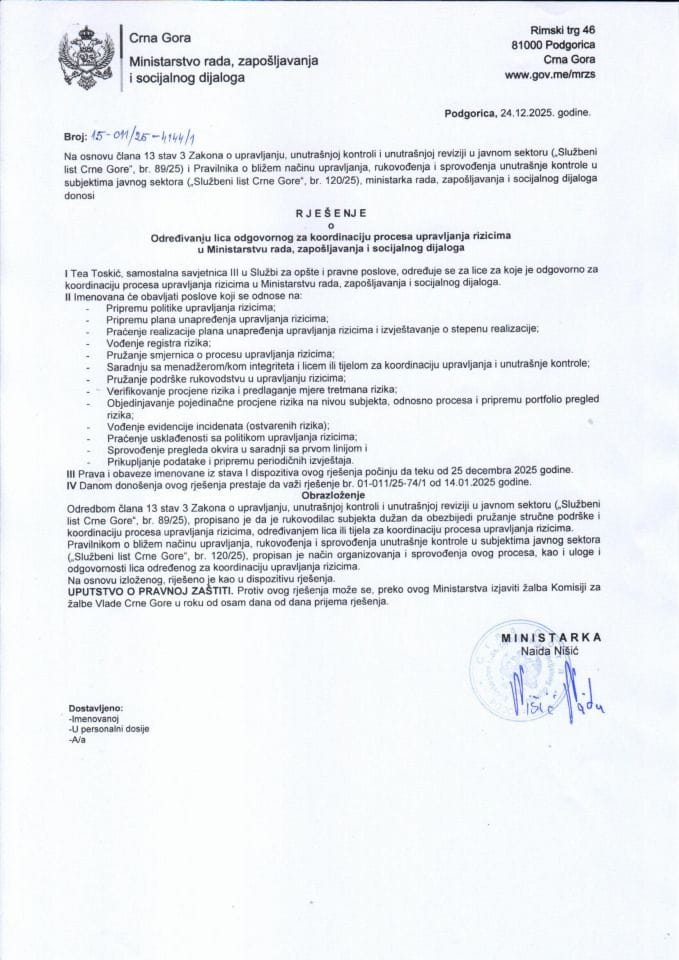 Rješenje o određivanju za proces upravljanja rizicima