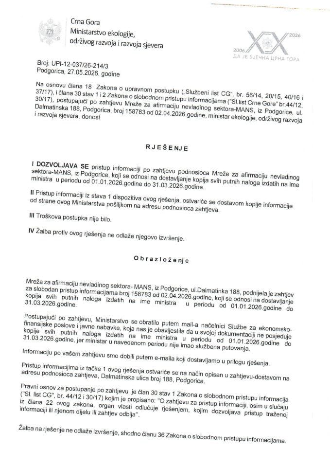Rješenje po zahtjevu NVO MANS br. UPI-12-037-26-214-3 od 27.05.2026.
