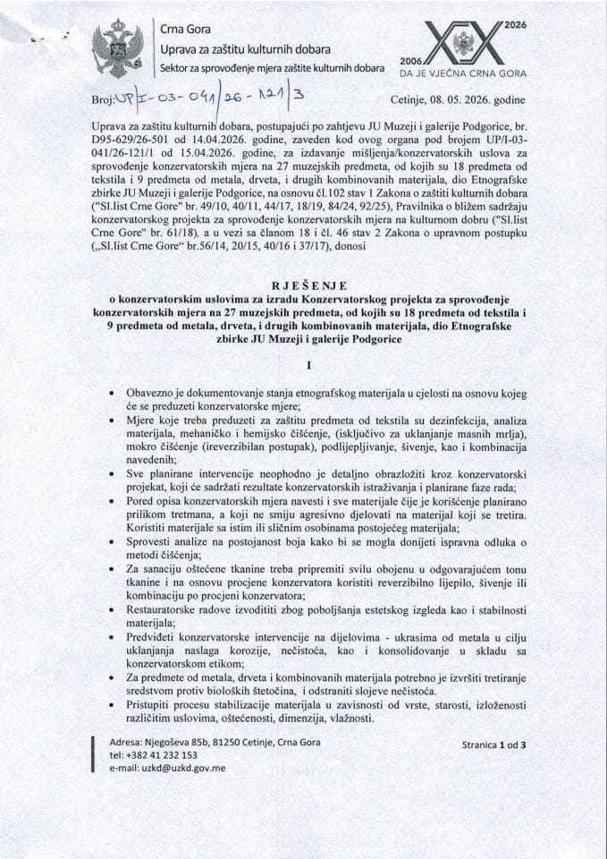 Konzervatorski uslovi Rješenje UP-I-03-041-26-121-3 od 08.05.2026.