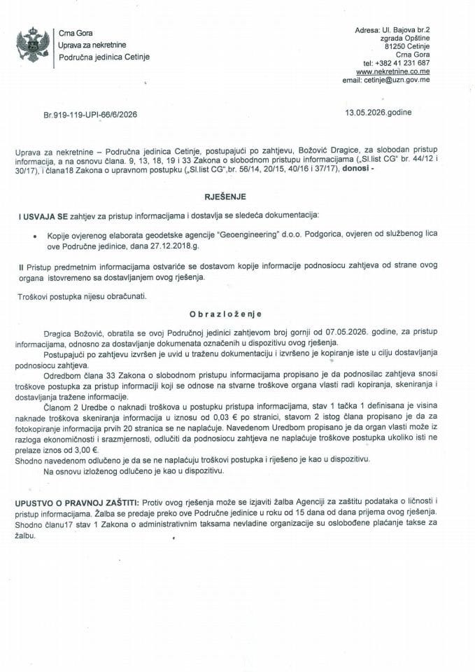 Rješenje o slobodnom pristupu informacijama  - 27.05.2026.