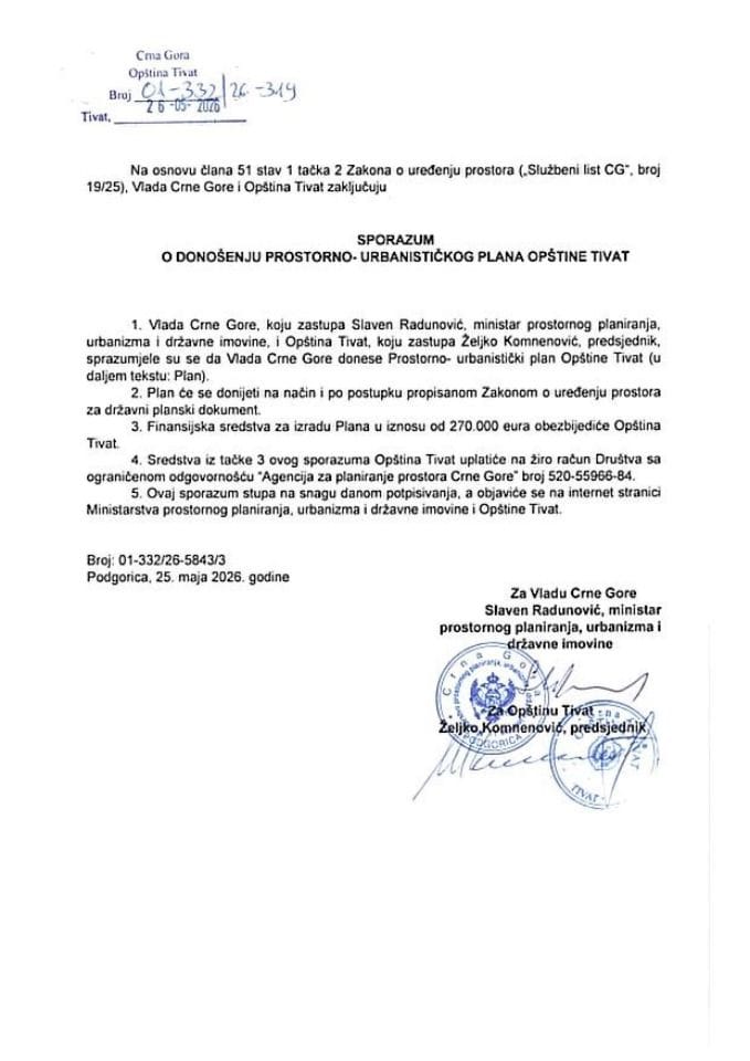 Sporazum o donošenju prostorno urbanističkog plana opštine Tivat