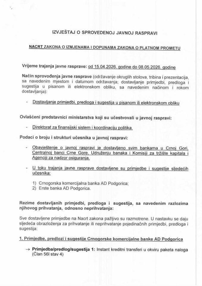 Извјештај о спроведеној јавној расправи - Нацрт закона о измјенама и допунама Закона о платном промету