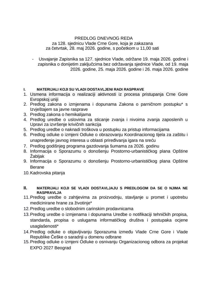 Предлог дневног реда за 128. сједницу Владе Црне Горе