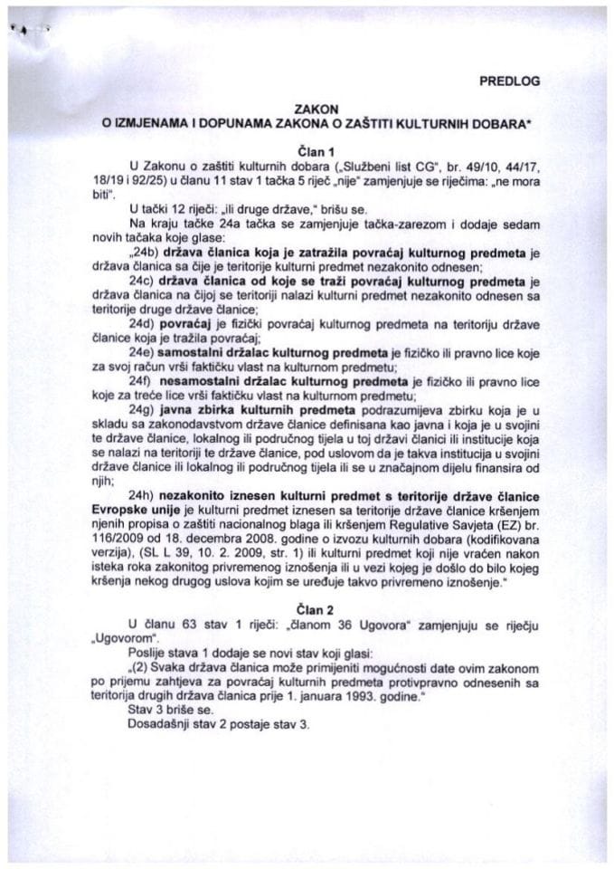 Predlog zakona o izmjenama i dopunama Zakona o zaštiti kulturnih dobara