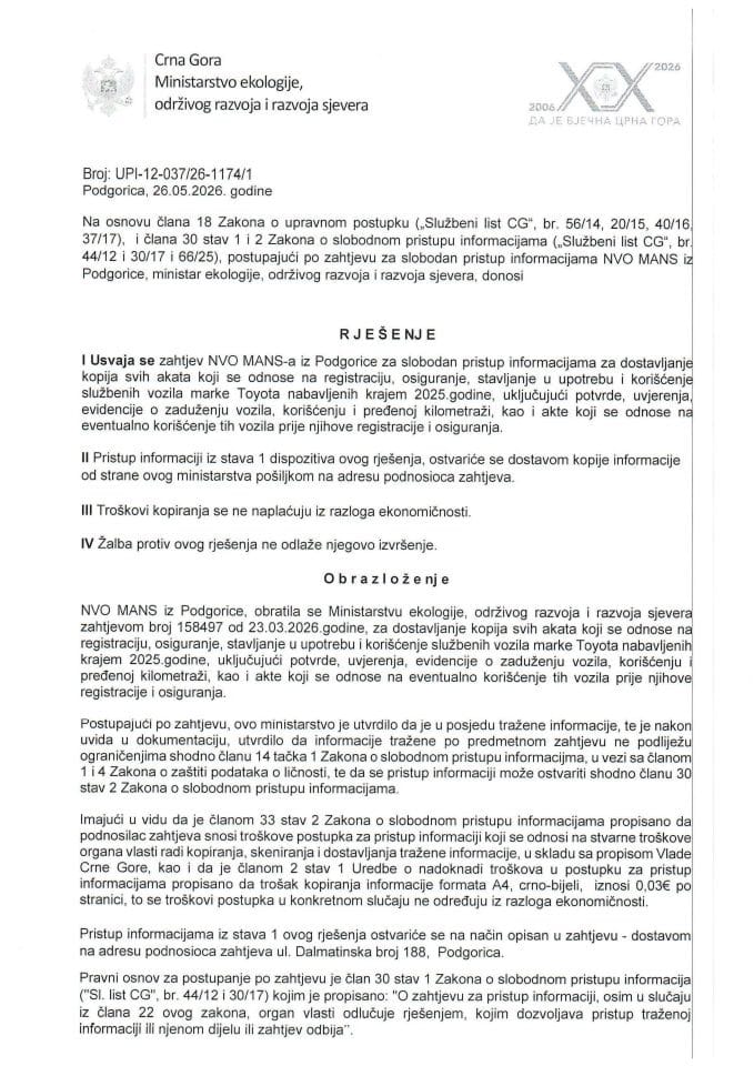 Rješenje po zahtjevu NVO MANS br.UPI-12-037-26-1174-1 od 26.05.2026.