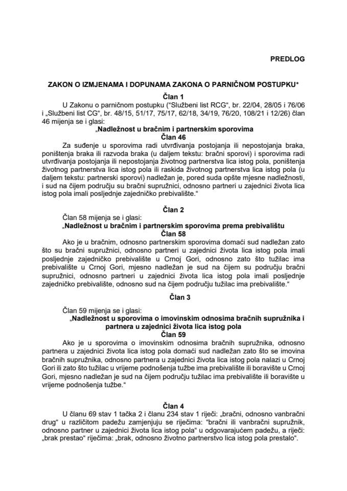 Predlog zakona o izmjenama i dopunama Zakona o parničnom postupku s Izvještajem sa javne rasprave