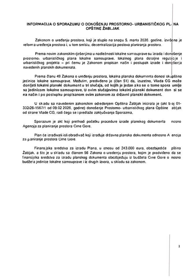 Informacija o Sporazumu o donošenju Prostorno-urbanističkog plana Opštine Žabljak