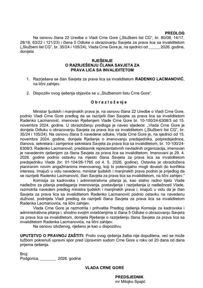 Predlog za razrješenje člana Savjeta za prava lica sa invaliditetom