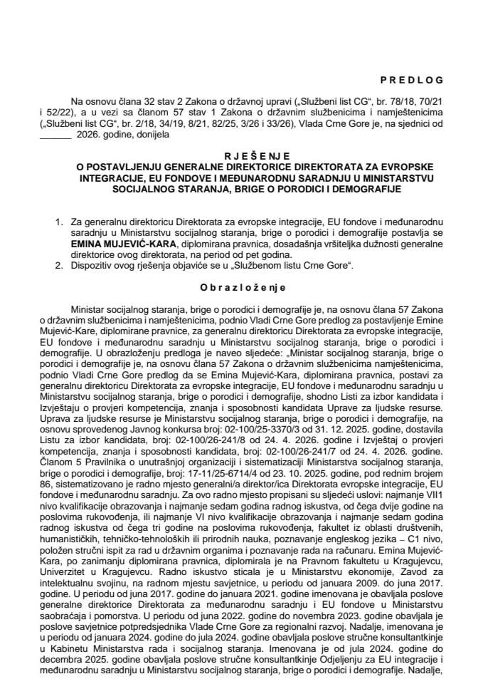 Predlog za postavljenje generalne direktorice Direktorata za evropske integracije, EU fondove i međunarodnu saradnju u Ministarstvu socijalnog staranja, brige o porodici i demografije