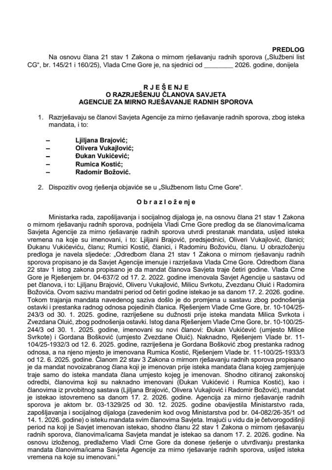 Predlog za razrješenje članova Savjeta Agencije za mirno rješavanje radnih sporova