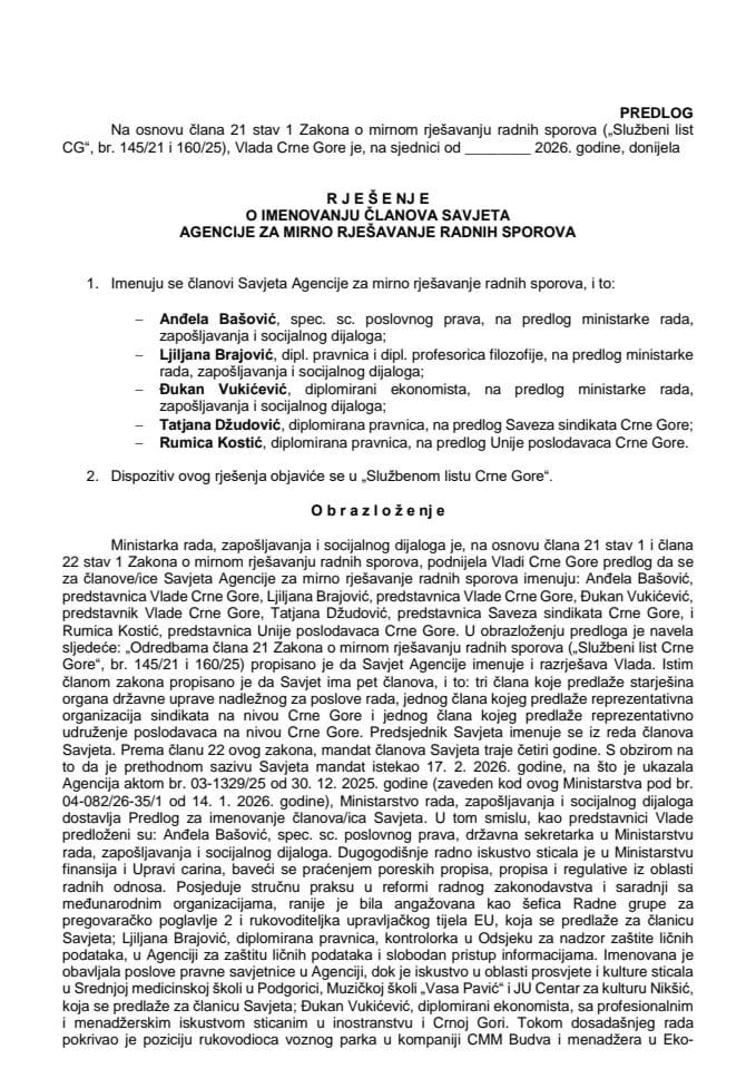 Predlog za imenovanje članova Savjeta Agencije za mirno rješavanje radnih sporova