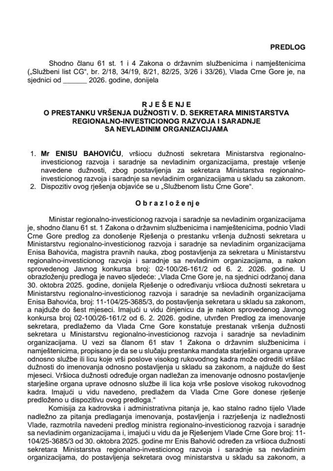 Predlog za prestanak vršenja dužnosti v. d. sekretara Ministarstva regionalno-investicionog razvoja i saradnje sa nevladinim organizacijama