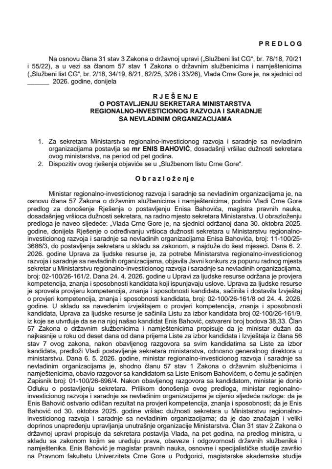 Predlog za postavljenje sekretara Ministarstva regionalno-investicionog razvoja i saradnje sa nevladinim organizacijama