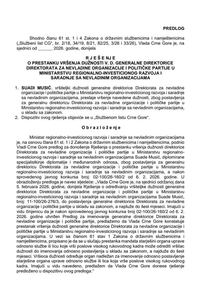 Predlog za prestanak vršenja dužnosti v. d. generalne direktorice Direktorata za nevladine organizacije i političke partije u Ministarstvu regionalno-investicionog razvoja i saradnje sa nevladinim organizacijama