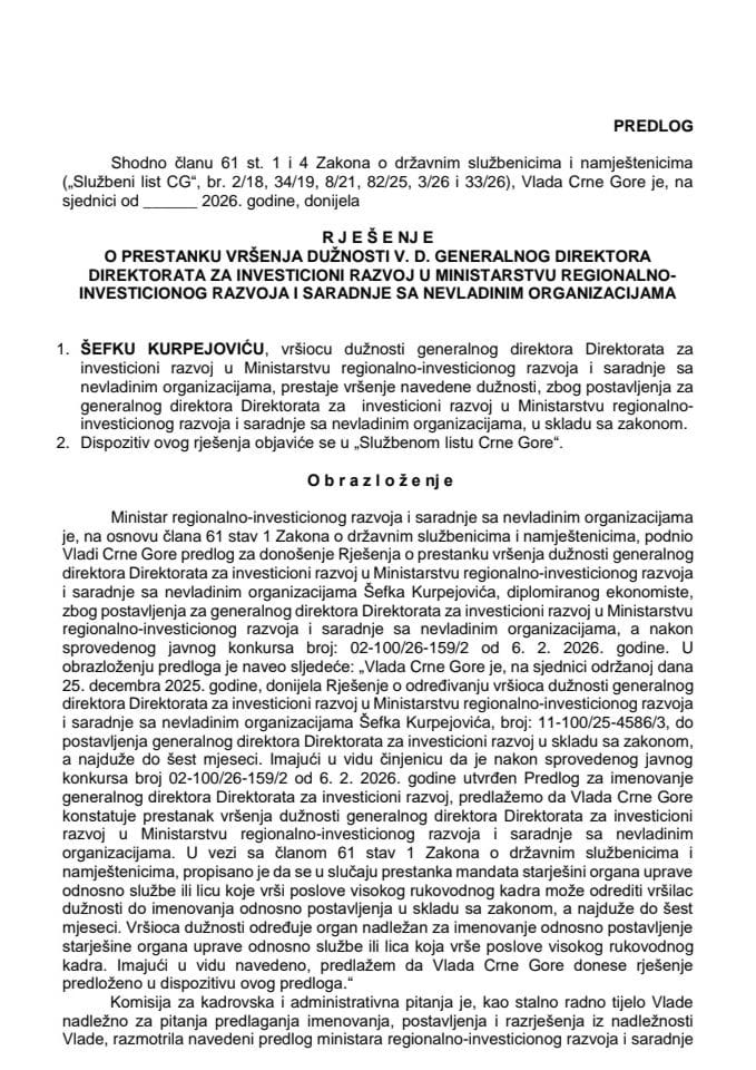 Predlog za prestanak vršenja dužnosti v. d. generalnog direktora Direktorata za investicioni razvoj u Ministarstvu regionalno-investicionog razvoja i saradnje sa nevladinim organizacijama