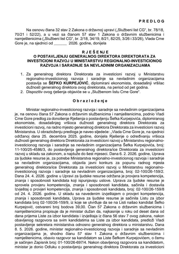 Predlog za postavljenje generalnog direktora Direktorata za investicioni razvoj u Ministarstvu regionalno-investicionog razvoja i saradnje sa nevladinim organizacijama