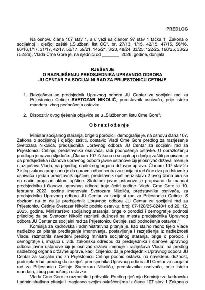 Predlog za razrješenje predsjednika Upravnog odbora JU Centar za socijalni rad za Prijestonicu Cetinje