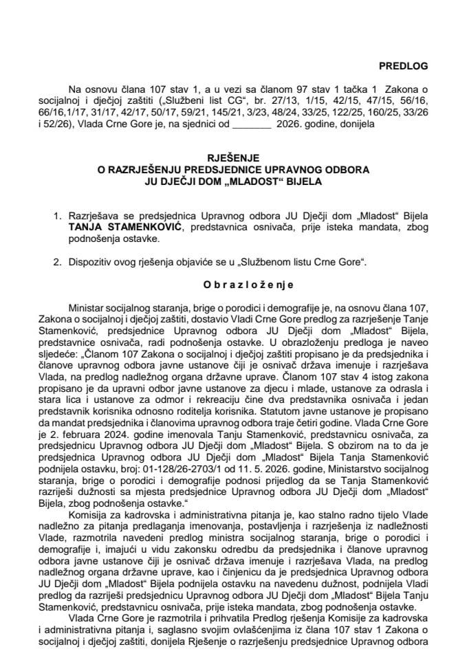 Predlog za razrješenje predsjednice Upravnog odbora JU Dječji dom „Mladost“ Bijela