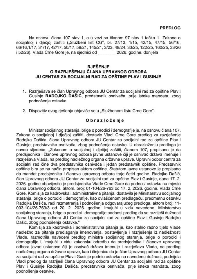 Predlog za razrješenje člana Upravnog odbora JU Centar za socijalni rad za opštine Plav i Gusinje